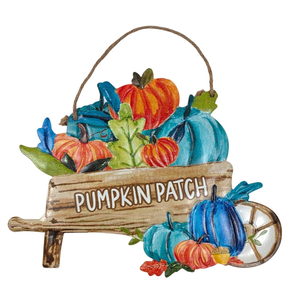 Autumn Pumpkin Patch Sign Pumpkins Wheelbarrow Metal Fall Harvest Rustic Decor
